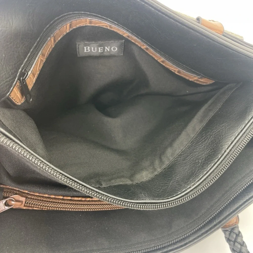 Bueno Black Croc Embossed Faux Leather Shoulder Bag Braid Handle Mixed Media